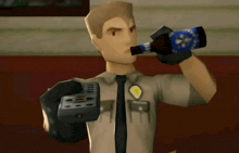 a police officer drinking from a bottle while holding a remote