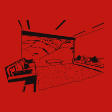 a black and red drawing of a living room with a mountain in the background