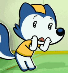 a cartoon drawing of a husky wearing a yellow shirt and hat
