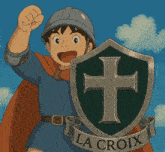a boy in a helmet holds a shield with a cross on it that says la croix