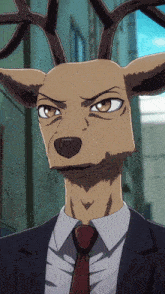 a cartoon deer wearing a suit and tie looks at the camera