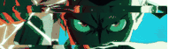 a close up of a cartoon character 's face with a green eye