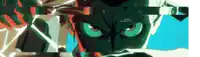 a close up of a cartoon character 's face with a green eye