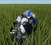 a person standing in a field of tall grass with a blue and yellow helmet
