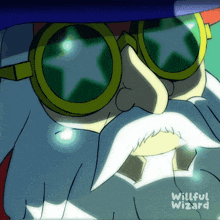 a cartoon of a man with a mustache and goggles with the words willful wizard on the bottom