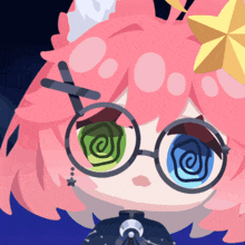 a cartoon character with pink hair and glasses has a star in her hair