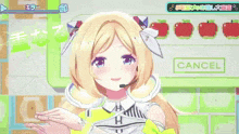 a 3d anime girl with blonde hair and a microphone on her head