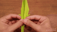 a person is making an origami bird with the words made in animotica behind them
