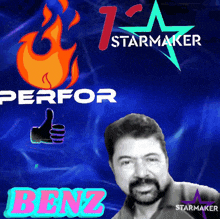 a man with a beard is surrounded by logos for starmaker and perfor