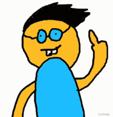 a cartoon character wearing glasses and a blue shirt giving a thumbs up
