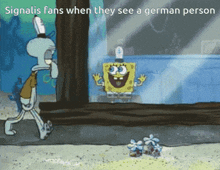 a cartoon of spongebob and squidward talking to each other