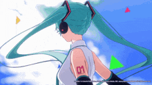 hatsune miku wearing headphones has the number 01 tattooed on her arm