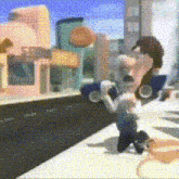 a cartoon character is standing on a sidewalk holding a basketball