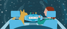 an illustration of a woman driving a car with a dog