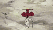 a man in a white coat stands in front of a destroyed building with a sword