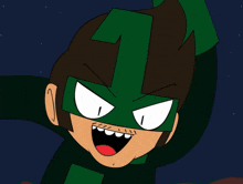 a cartoon character is wearing a green mask with a number 1 on it