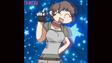 a pixel art drawing of a girl with the word " ther " on the bottom