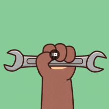 a fist is holding a wrench with a youtube icon in the middle
