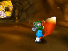 a cartoon character wearing a gas mask and a blue jacket