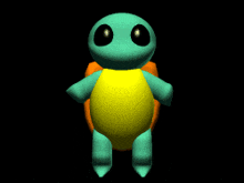 a cartoon turtle with a yellow and blue shell is standing on a black background