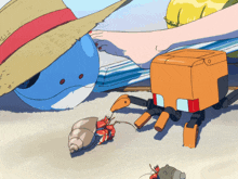 a cartoon drawing of a hermit crab and a robot