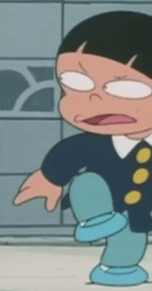 a cartoon character with a blue shoe on his foot is making a funny face