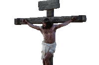 jesus is hanging on a wooden cross with a sign above him