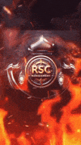 a logo for rsc management is shown on a fire background