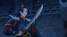 two anime characters are fighting with swords in front of a building