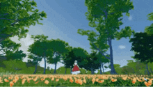 a girl in a red dress is walking through a field of flowers and trees