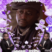 a picture of a man in a hat is surrounded by purple flowers and a purple teddy bear with wings