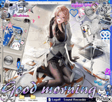 a picture of a woman kneeling down with the words good morning written on it