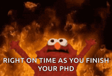 elmo is surrounded by fire with the words right on time as you finish your phd