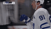 a hockey player with the number 91 on his shirt
