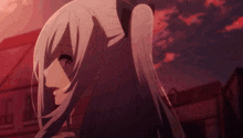 a girl with long white hair and a bow in her hair is standing in front of a building with a red sky in the background .