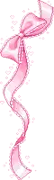 a pixel art drawing of a pink ribbon with hearts around it