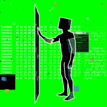 a green screen with a silhouette of a person holding a box in front of it
