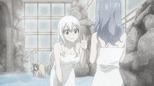 a black and white drawing of two anime girls in towels