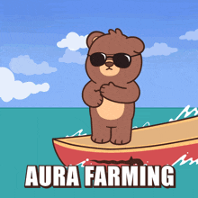 a cartoon of a teddy bear wearing sunglasses standing on a boat with aura farming written below it