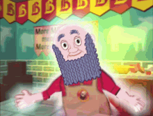 a cartoon of a man with a beard standing in front of a sign that says more meat