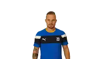 a man wearing a blue puma shirt with the number 23 on it