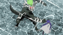 a monster with red eyes and a green head is attacking a girl