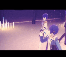 a couple of anime characters standing next to each other in a purple room