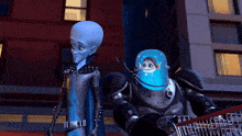 two cartoon characters standing next to each other with one wearing a blue helmet