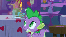 spike from my little pony is standing in front of a glass jar