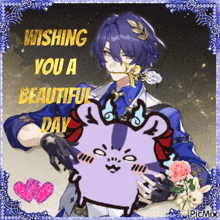 a picture of a man with purple hair holding a stuffed animal with the words wishing you a beautiful day above him