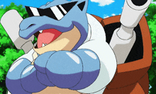 a cartoon character wearing sunglasses and a white shirt is holding a cannon