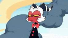 a cartoon character with horns and a bow tie is standing in front of clouds .