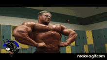 a bodybuilder flexes his muscles in a locker room with a make a gif.com logo in the corner