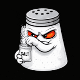 a cartoon salt shaker is holding a jar of salt in his hand